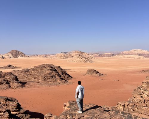 Hiking trail near Wadi Rum camp with desert mountain views